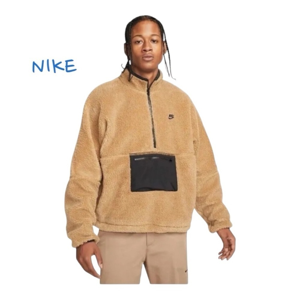 NIKE Mens Anorack Club Fleece front 1/2 zip from pocket size Small Brown